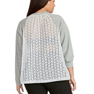 Top Long Sleeve Crew Neck Mixed Media Eyelet Back Heathered Gray Women's Size M